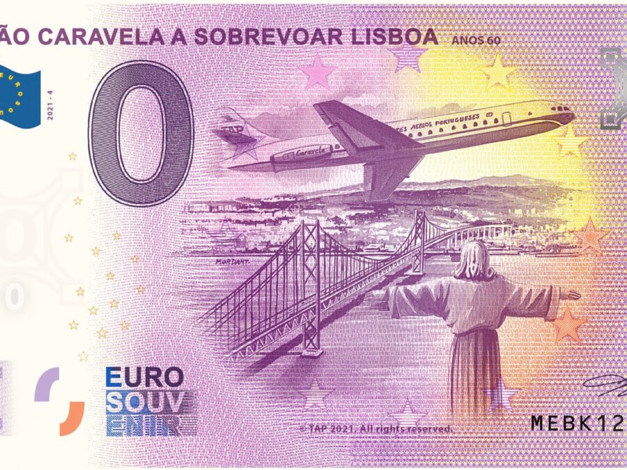 Nota Euro Souvenir TAP - Avião Caravela a sobrevoar Lisboa